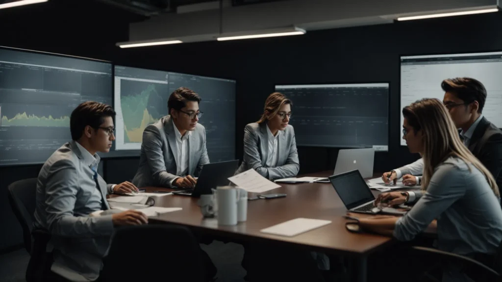 a team analyzing graphs on a large screen in a modern office, strategizing over digital marketing campaigns.