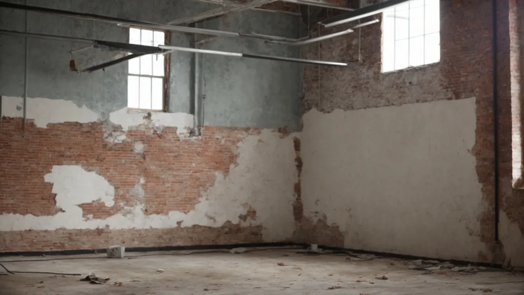 a spacious, empty room with peeling paint and exposed brick awaits renovation.