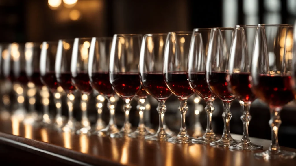 Elegant wine glasses arranged on a polished bar, resources for opening a high-end wine bar.