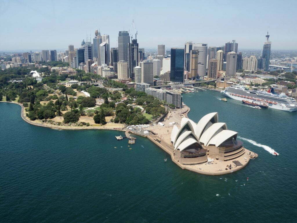 Aerial view of Sydney Opera House and cityscape, illustrating famous theaters around the world.