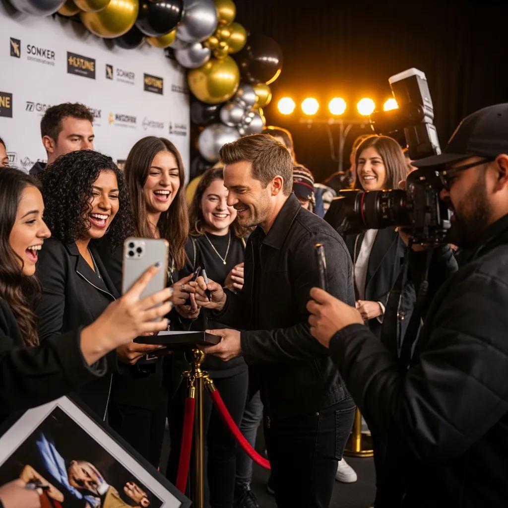 Fans interacting with a celebrity at a meet-and-greet event, showcasing the excitement of exclusive fan experiences