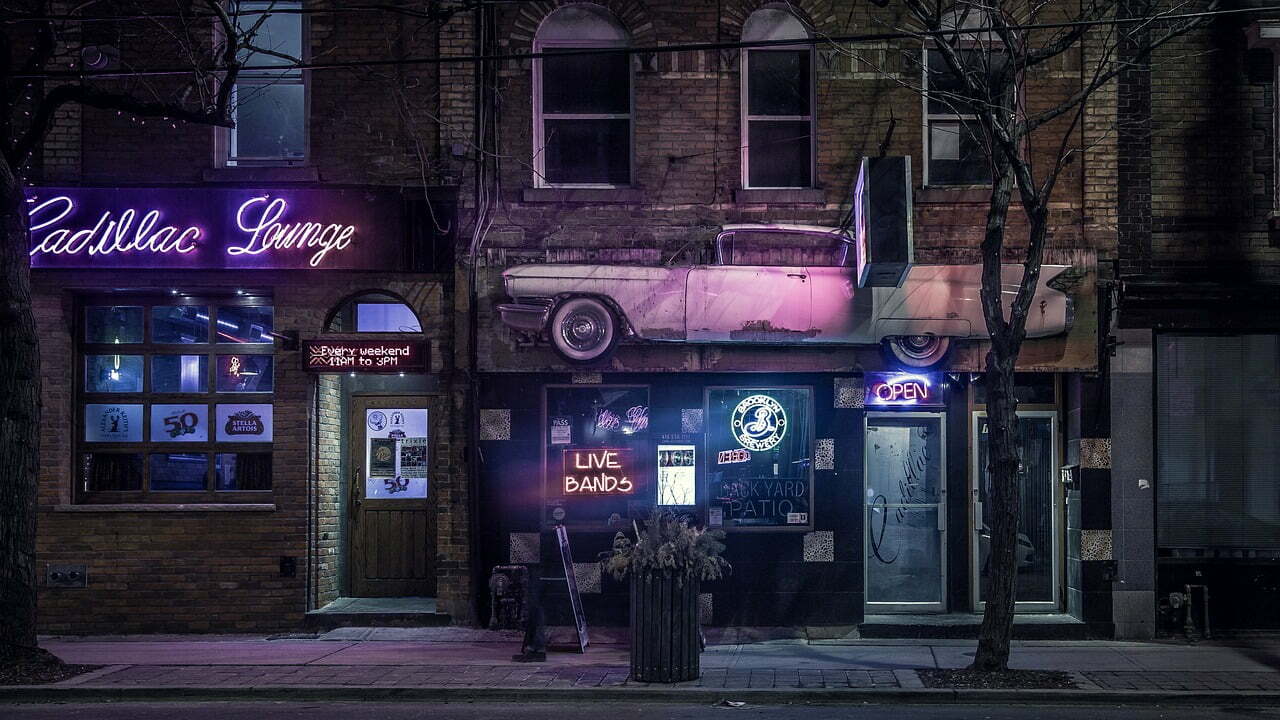 a building with neon signs