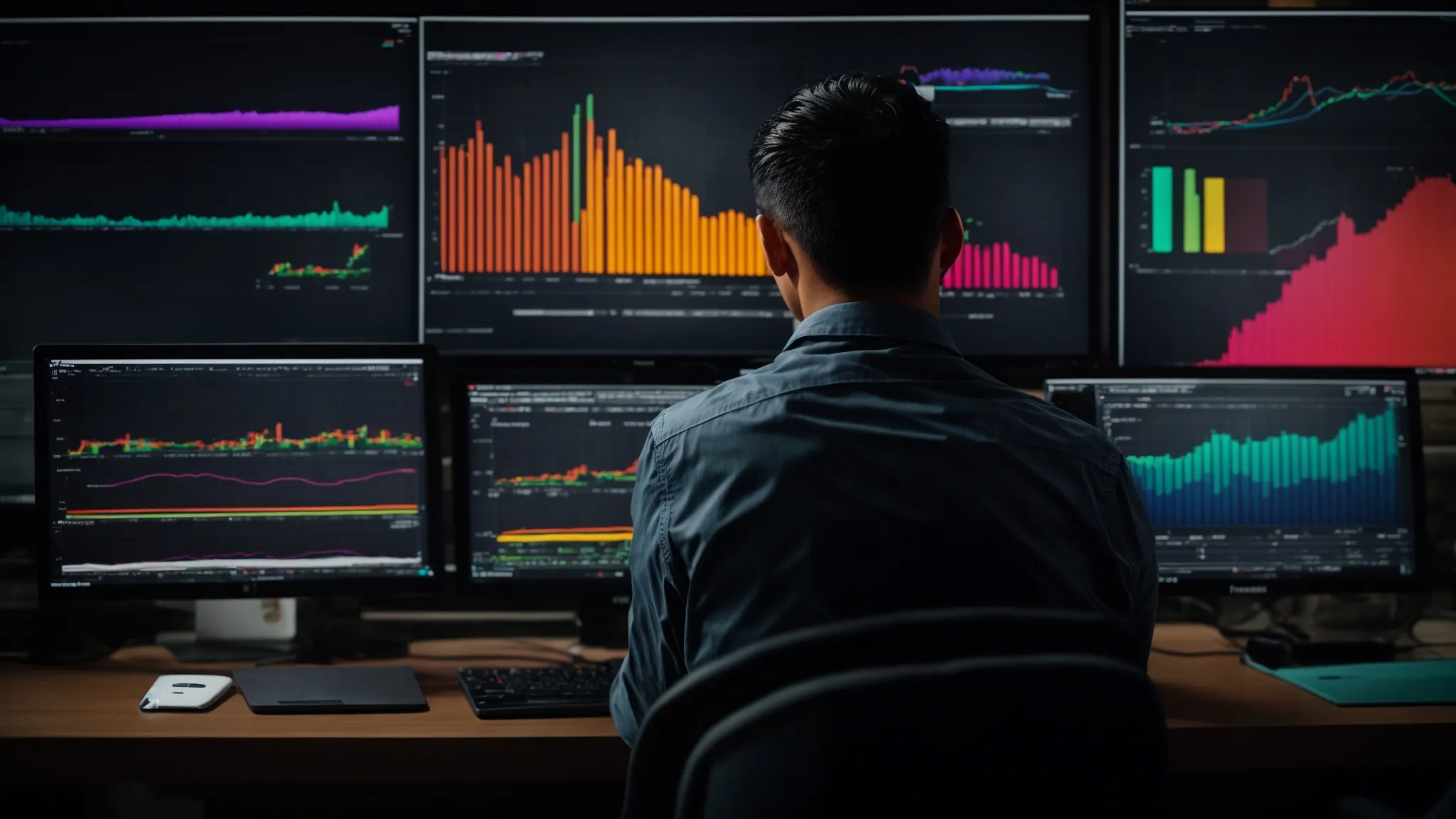 a person intently looks at a computer screen displaying colorful graphs and charts.