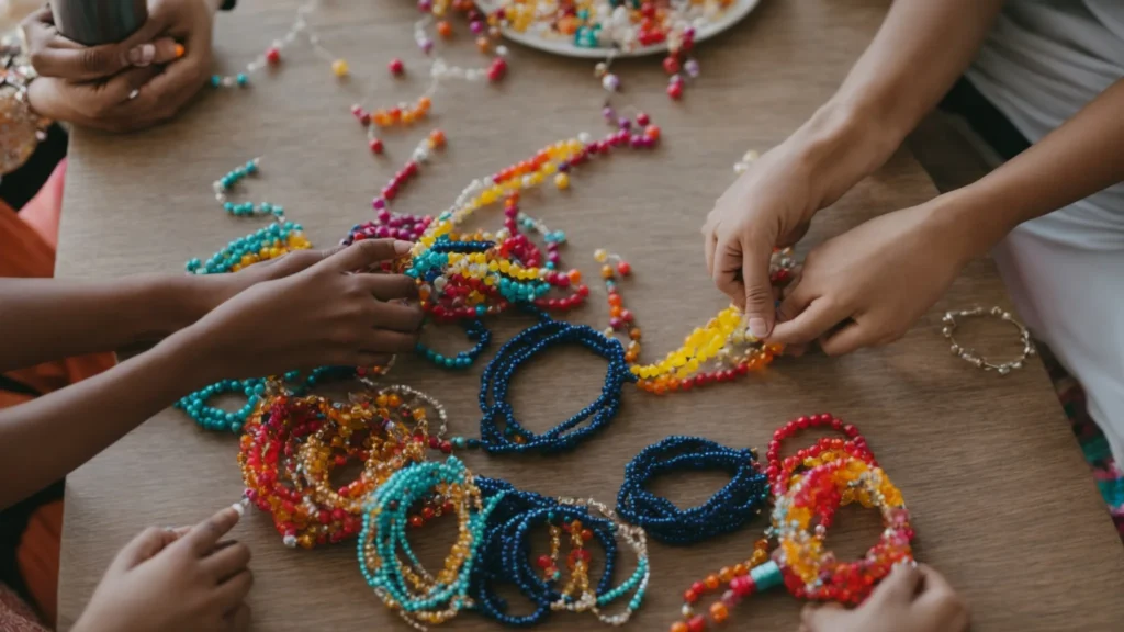 two people sitting at a table, working together to make colorful beaded bracelets from a diy kit.