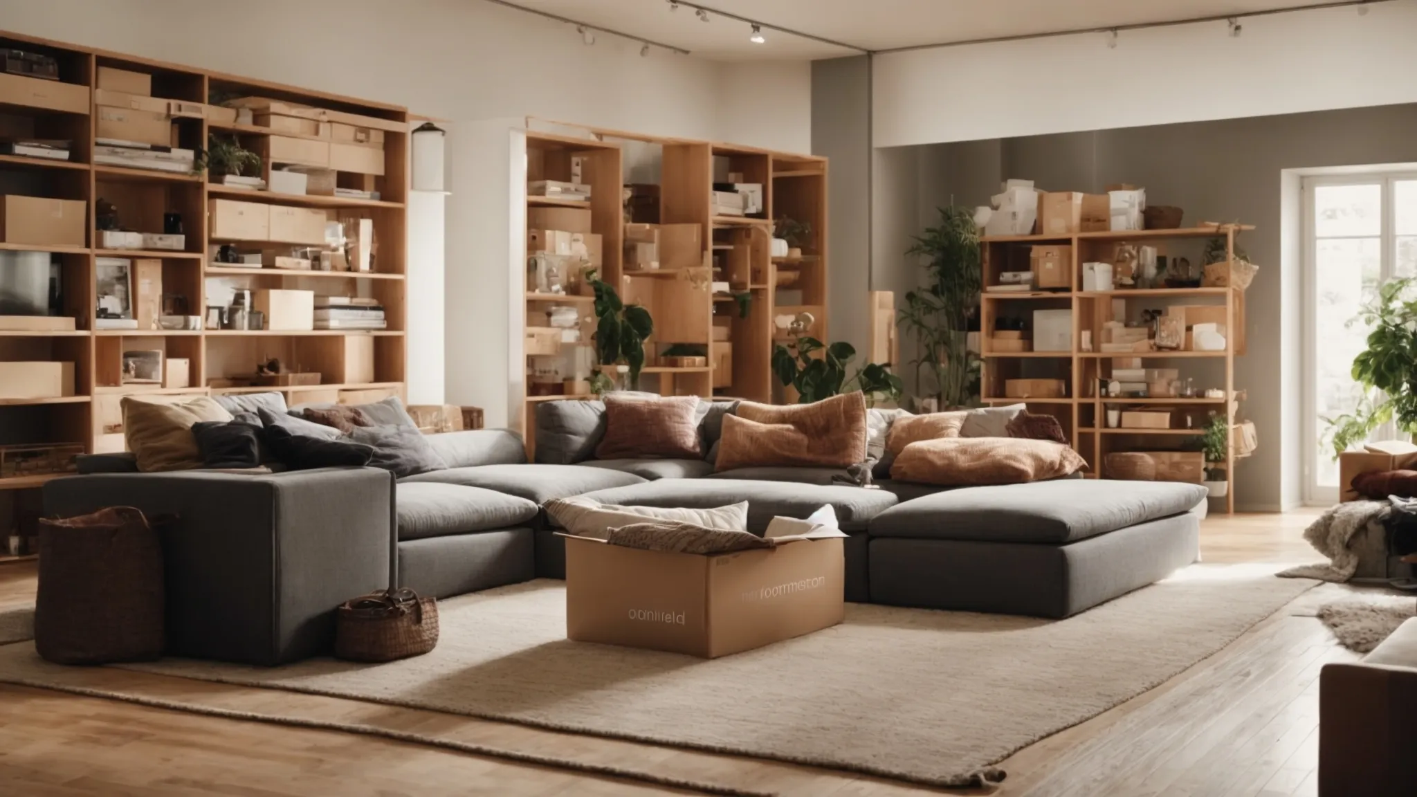 a spacious living room filled with neatly labeled moving boxes, each organized by contents and room destination.