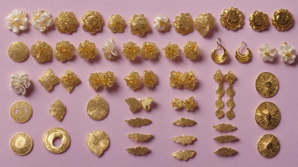 a selection of 14k gold earring backs arranged on a velvet cloth.