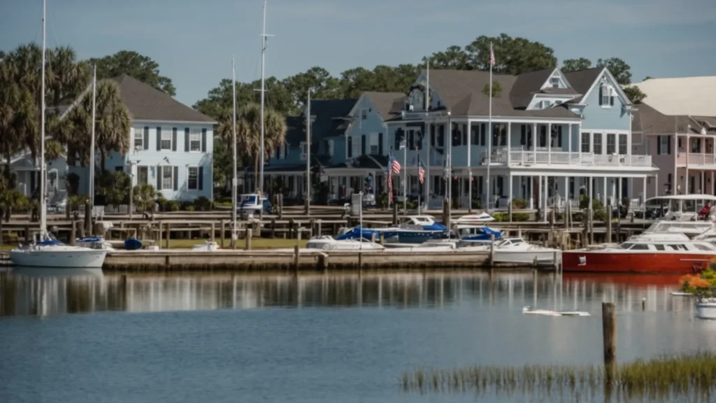 a scenic view of beaufort, south carolina, showcasing the iconic waterfront dotted with boats reflecting the charm of this historic town.