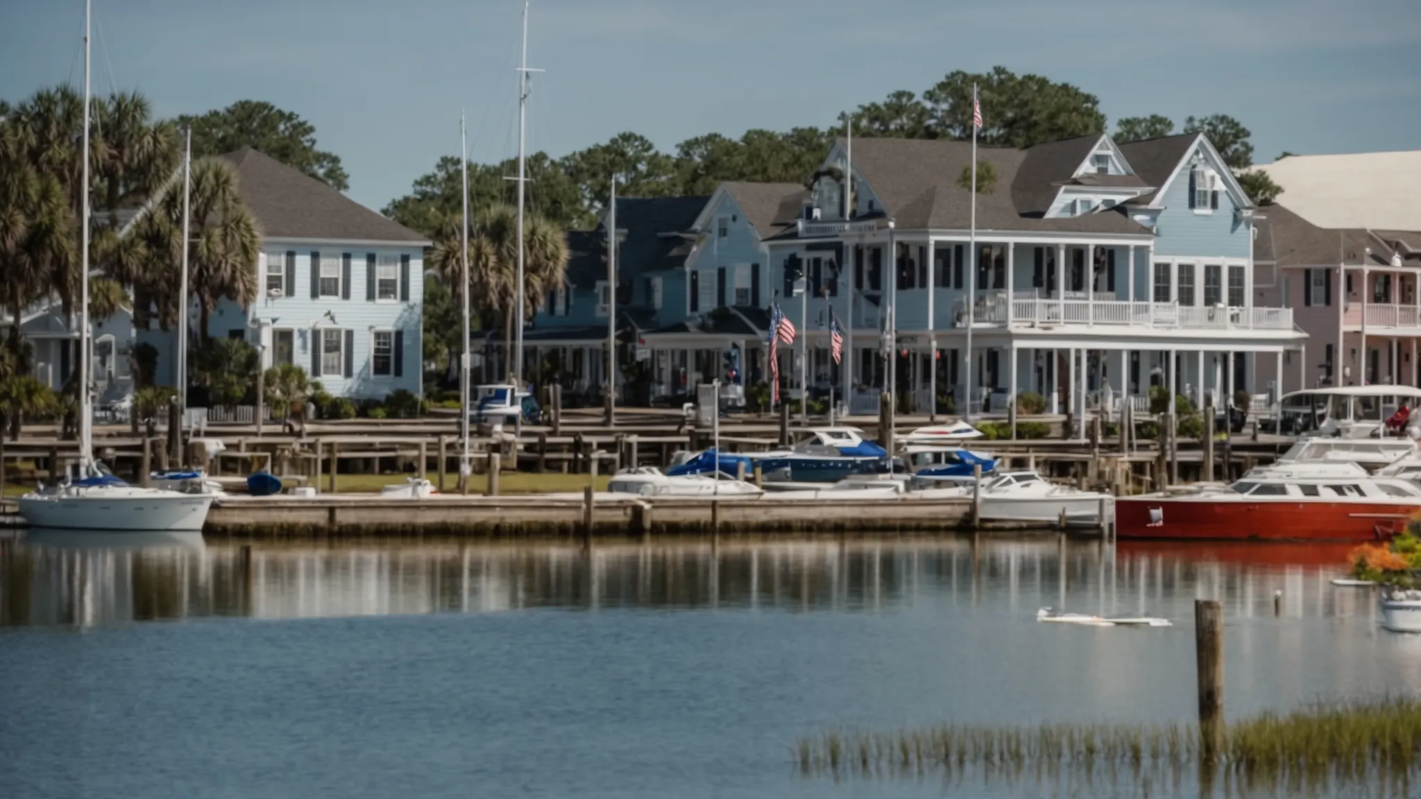 a scenic view of beaufort, south carolina, showcasing the iconic waterfront dotted with boats reflecting the charm of this historic town.