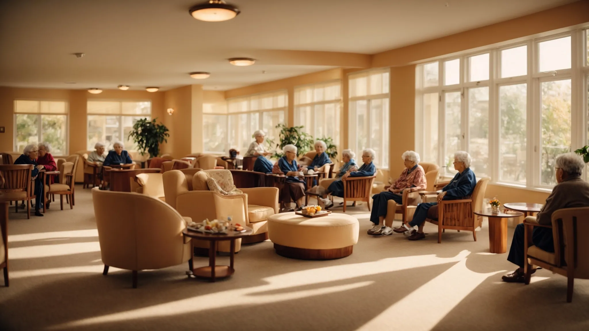 a warmly-lit common area in a care facility where elderly residents are engaging in various activities under the guidance of professional staff.