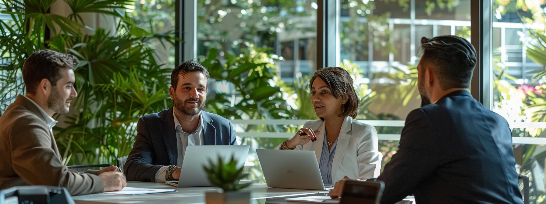 a group of business professionals sitting around a table, reviewing customer testimonials about desormeaux's heating & air conditioning on their laptops.