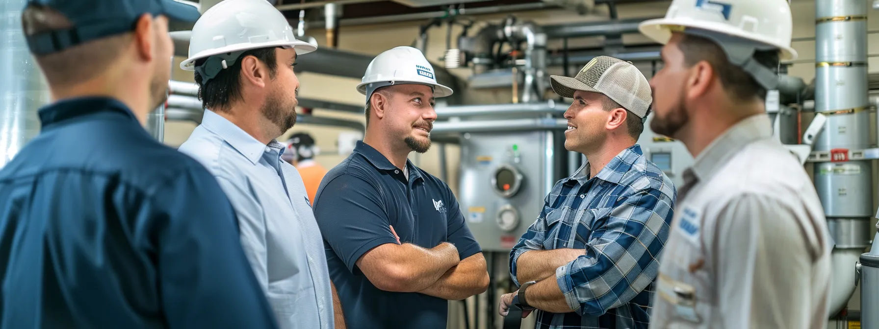 a group of professionals discussing hvac maintenance benefits next to an anchor with the at your service heating and air conditioning logo.