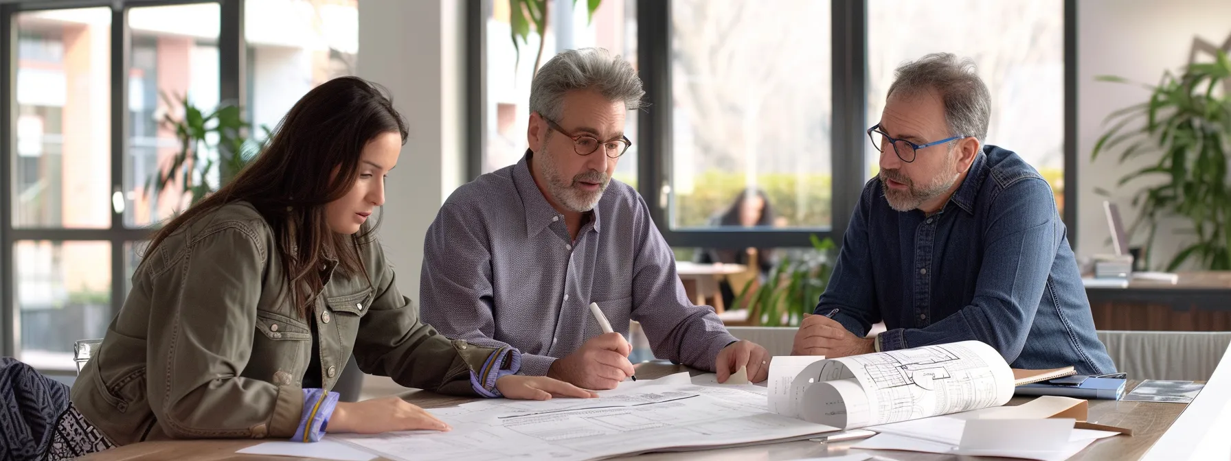 a team of professionals discussing renovation plans in a sleek office setting with architectural blueprints and design samples spread out on a conference table.