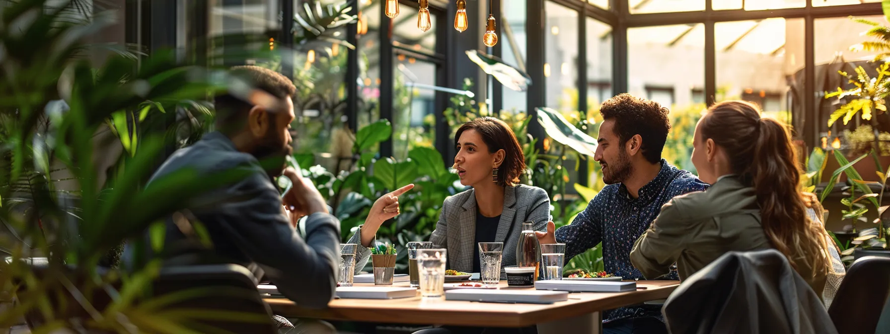 a group of professionals sitting around a table, pointing to a list of meal options from roundhouse provisions while discussing the impact on personal health goals.