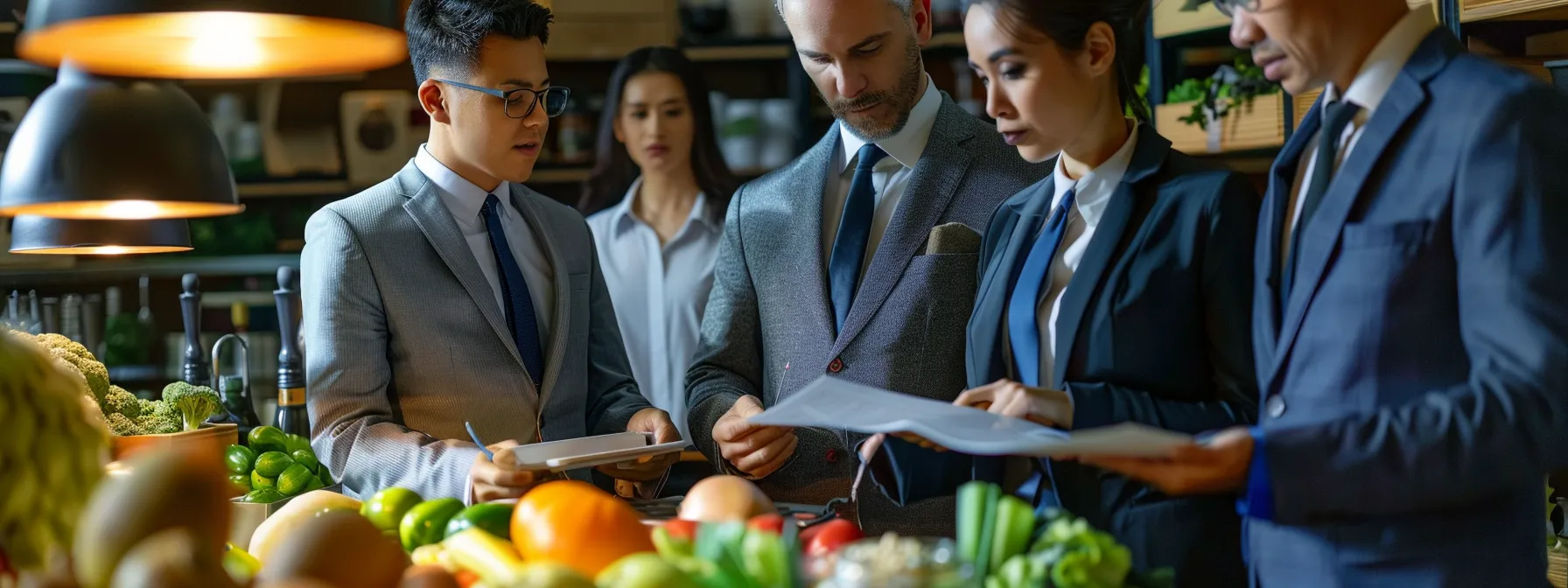 a group of professionals in business attire examining a detailed nutritional chart tied to an anchor.