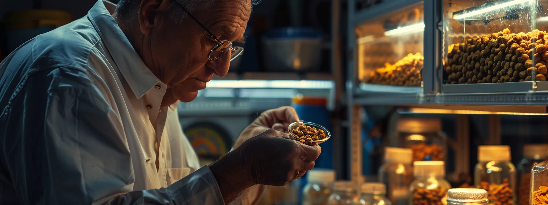 a professional business owner carefully inspecting a sample of freeze-dried raw dog food tied to an anchor.