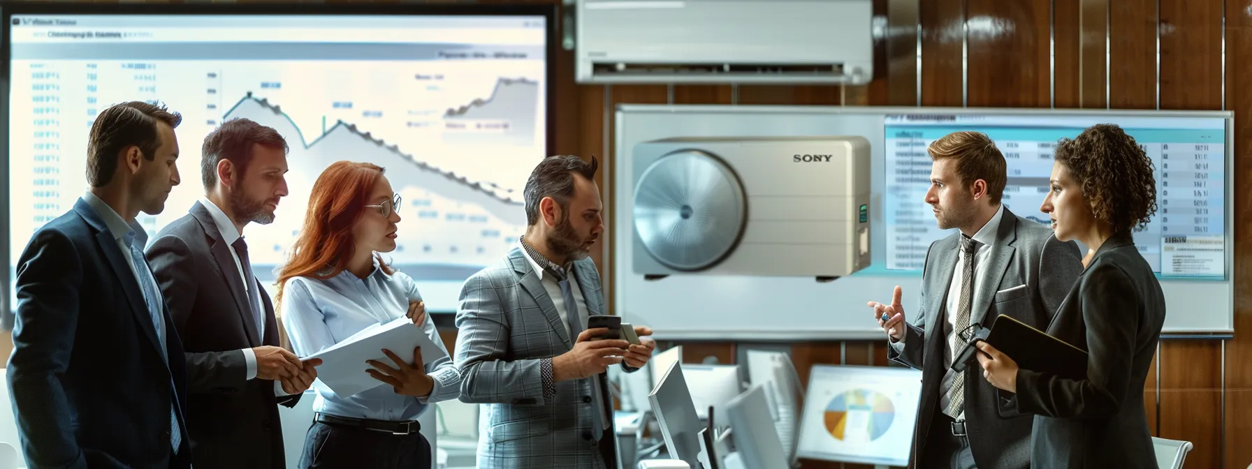 a group of businessmen and women looking at a chart showing cost comparisons between central air conditioning systems and window units.
