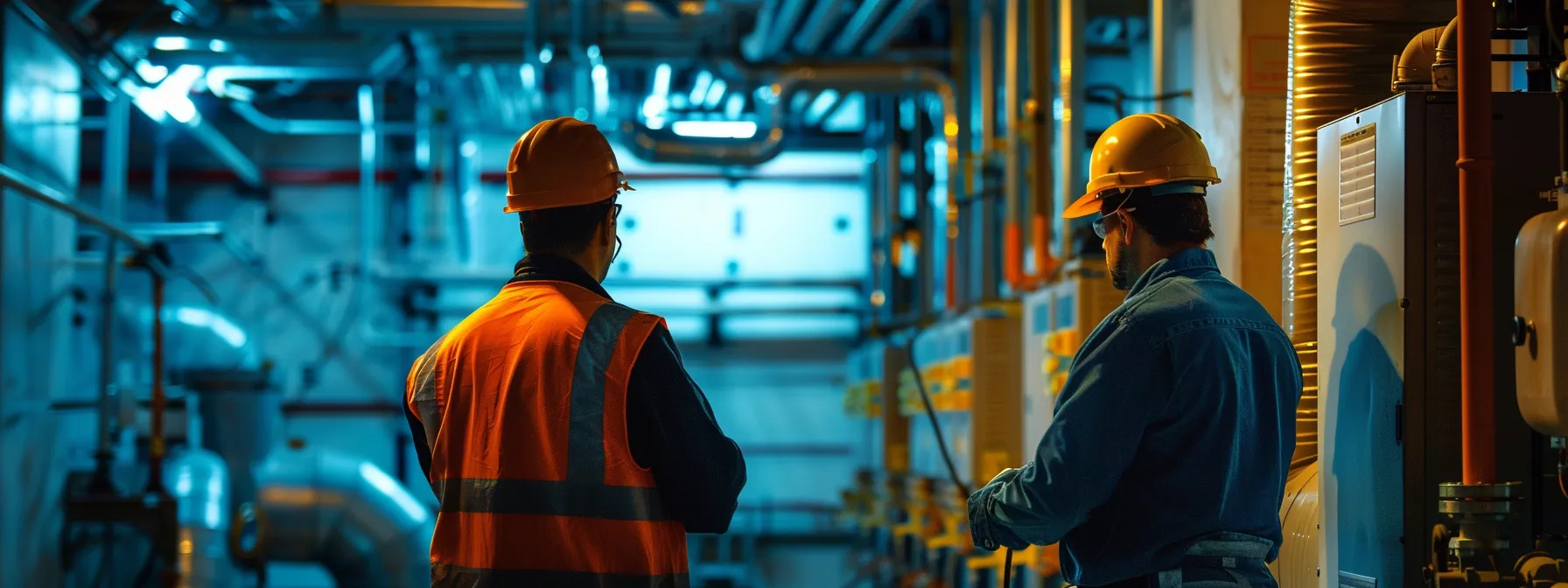 two technicians measuring the layout of a large home with various hvac equipment in the background.