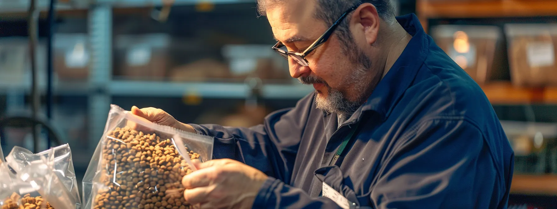 a professional business owner carefully inspecting a bag of dr. marty's dog food, with a focus on the ingredients and nutritional value.