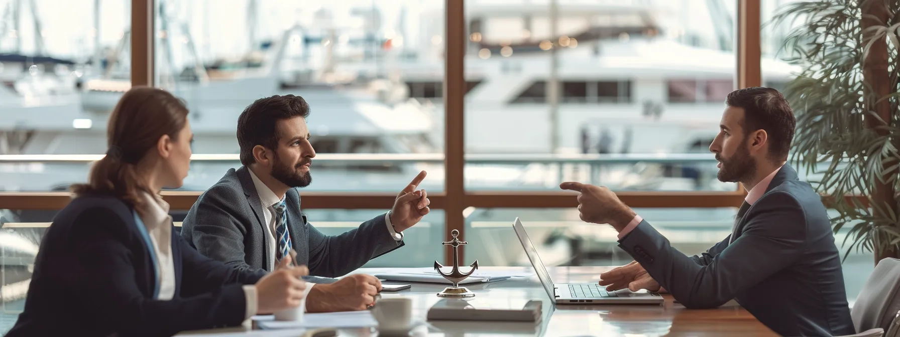 business professionals sitting around a conference table, pointing to an anchor with the hometown heating & cooling logo while discussing post-service support and maintenance agreements.