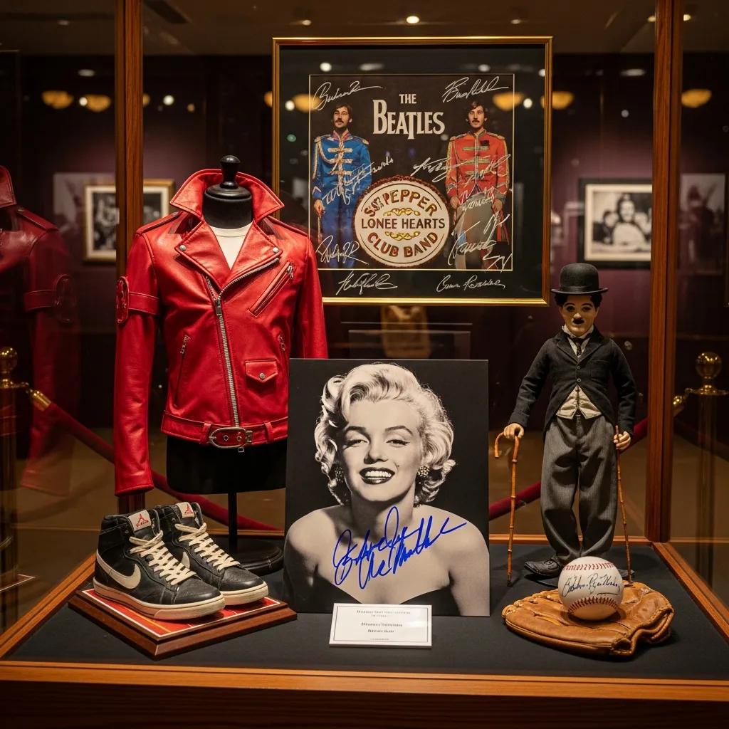 Collection of authentic celebrity memorabilia including autographed photos and iconic costumes