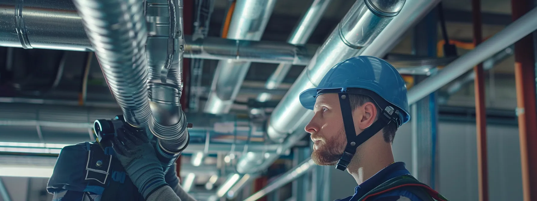 a professional technician inspecting an hvac system tied to an anchor for titan hvac.
