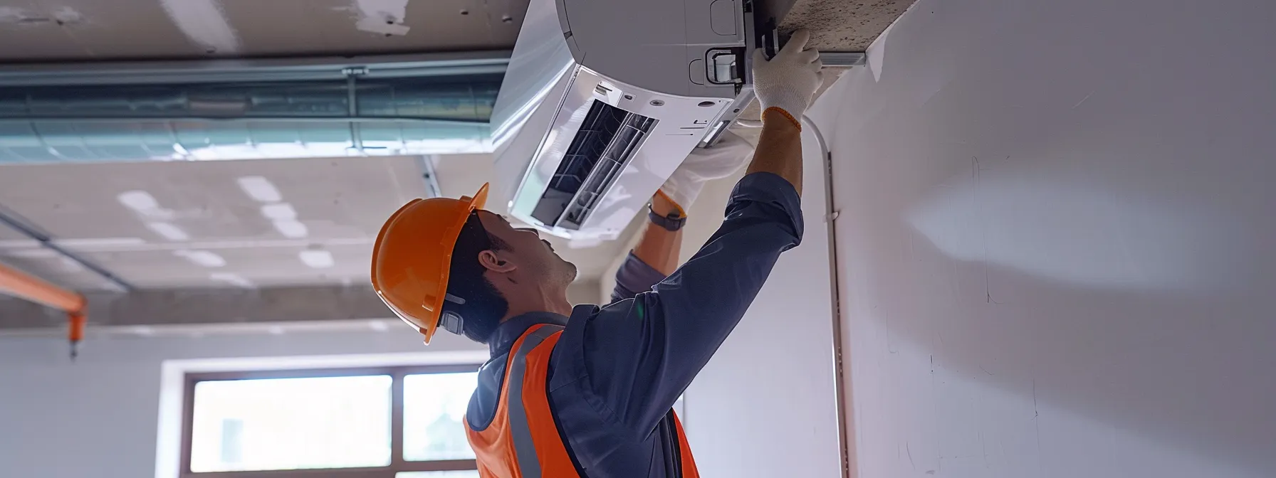 a technician installing a central air conditioning unit in a large house.