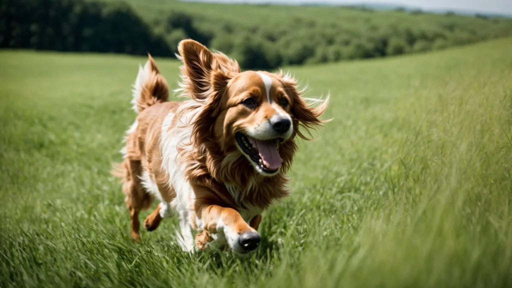 a happy dog playfully runs across a lush green field under a clear blue sky.