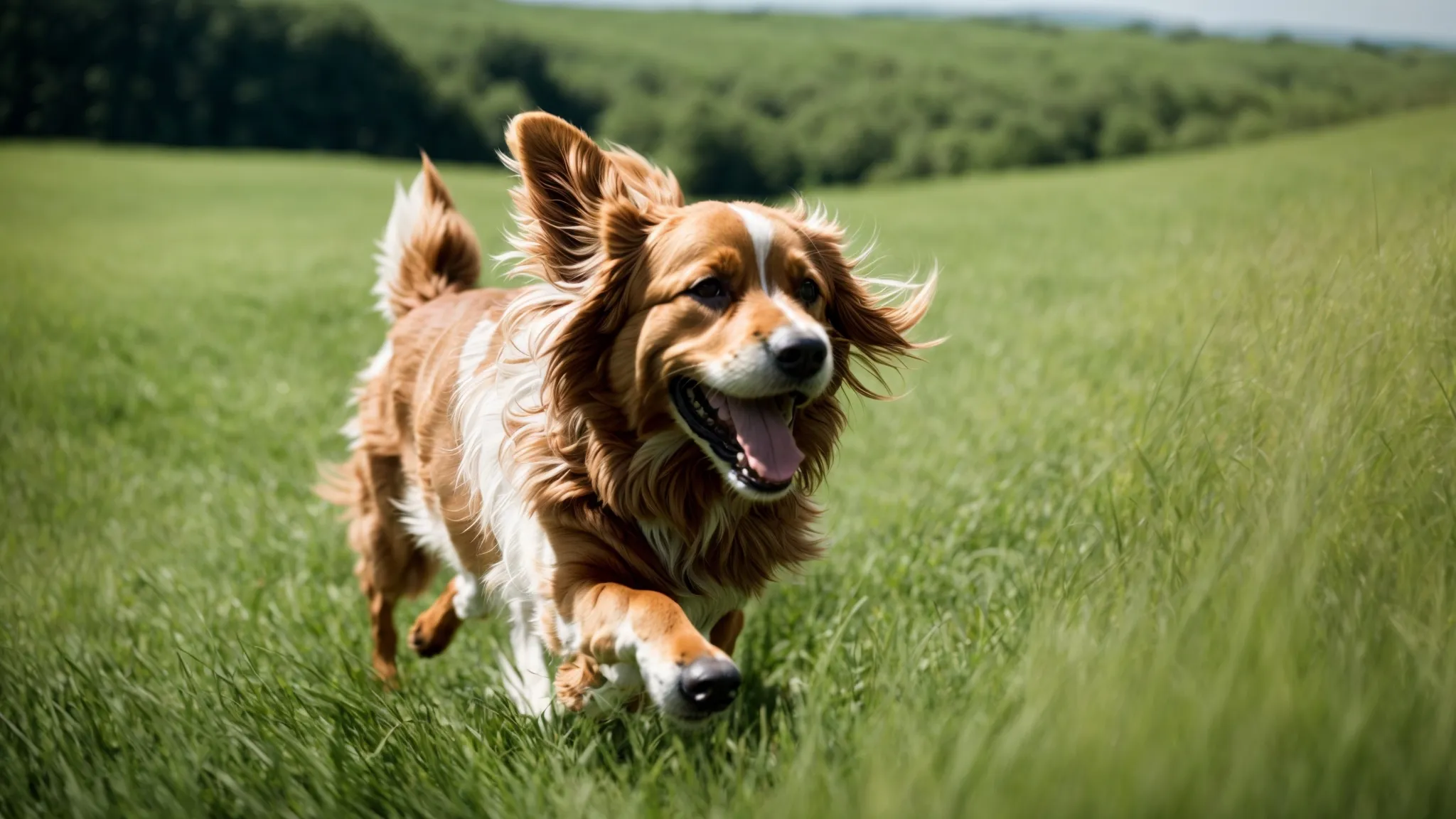 a happy dog playfully runs across a lush green field under a clear blue sky.