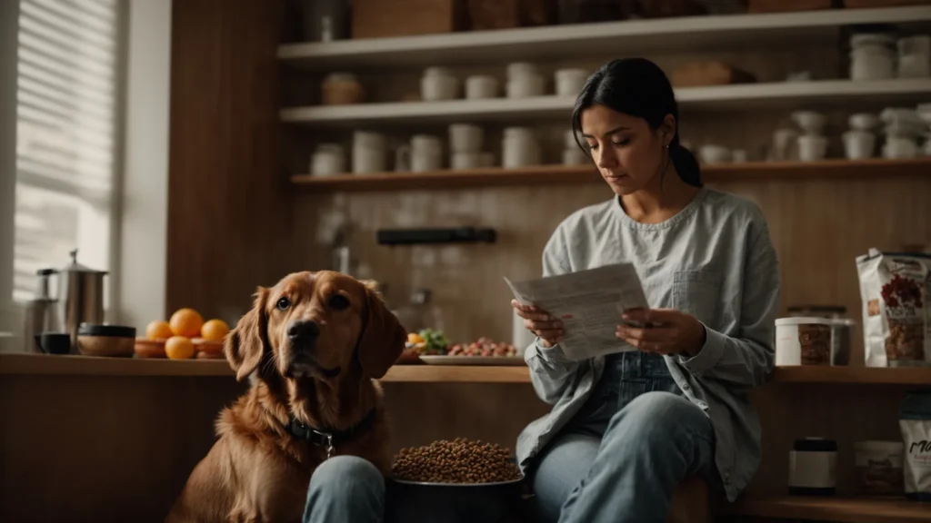a woman thoughtfully reads the ingredients list on a bag of dr. marty's dog food while her dog sits beside her, eagerly waiting.