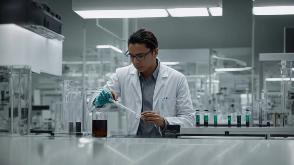 a researcher in a lab coat carefully measures liquid into a test tube in a modern laboratory setting.