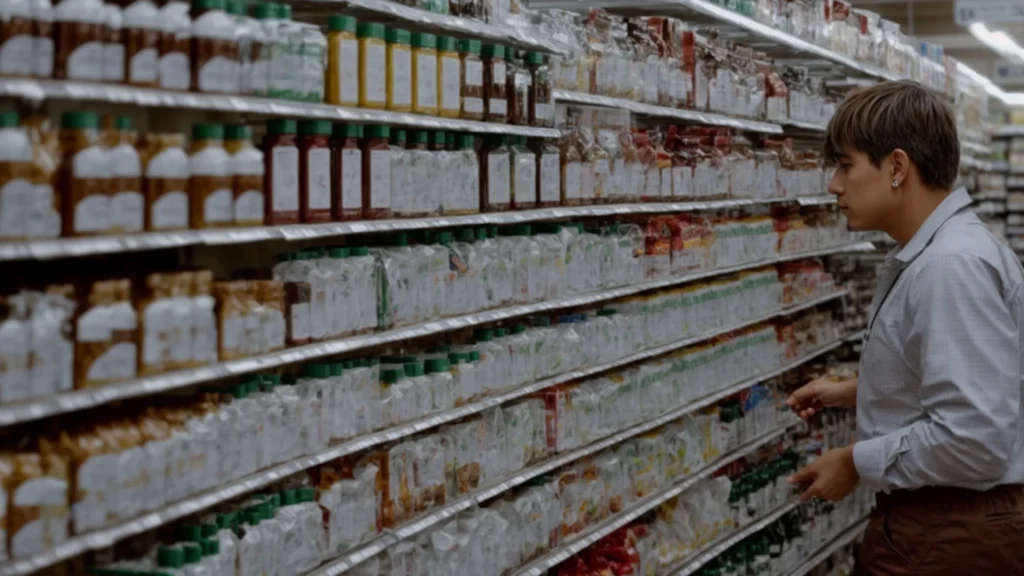 a person intently scrutinizes rows of various health supplements on a store shelf.