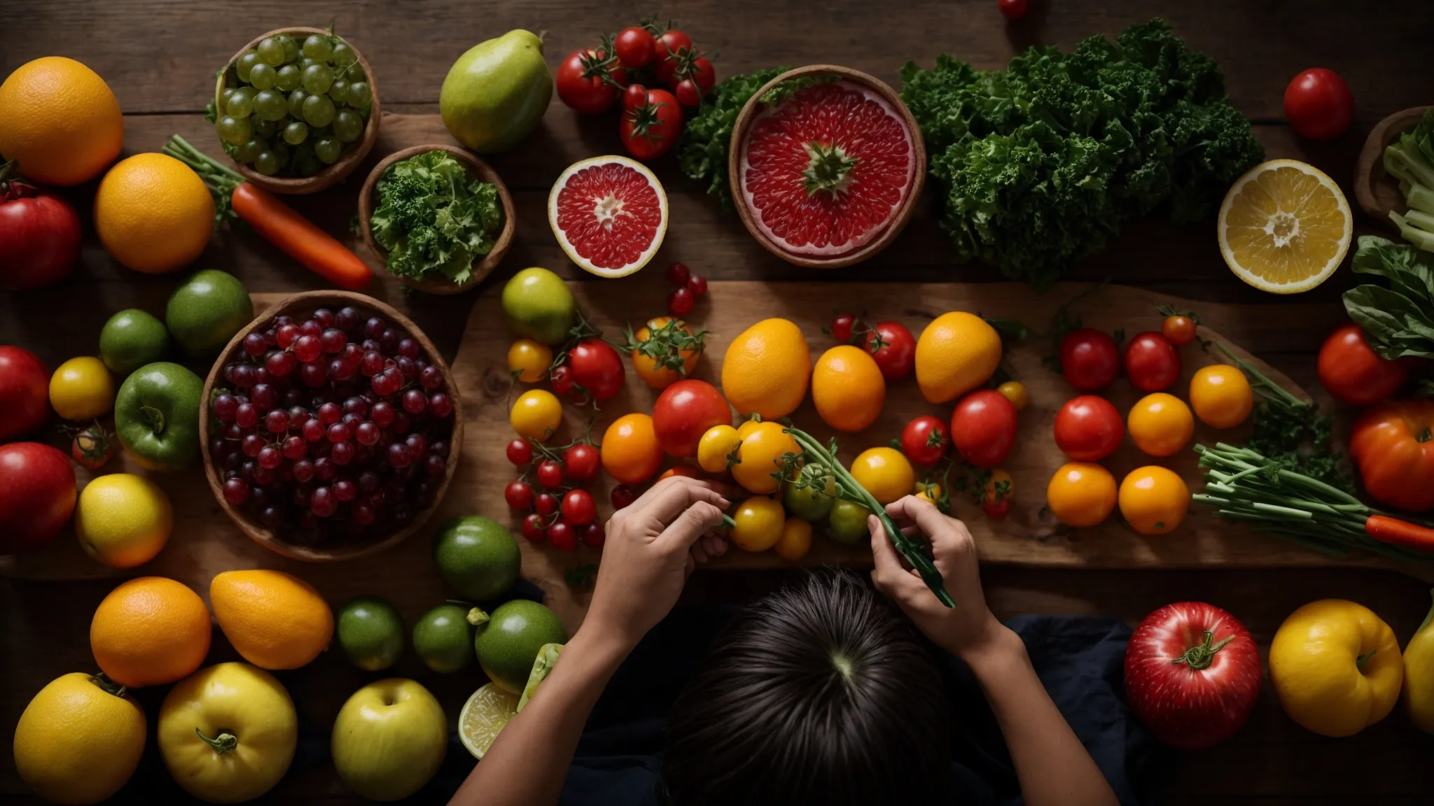 a person thoughtfully examining a variety of colorful, fresh fruits and vegetables arranged on a wooden table.