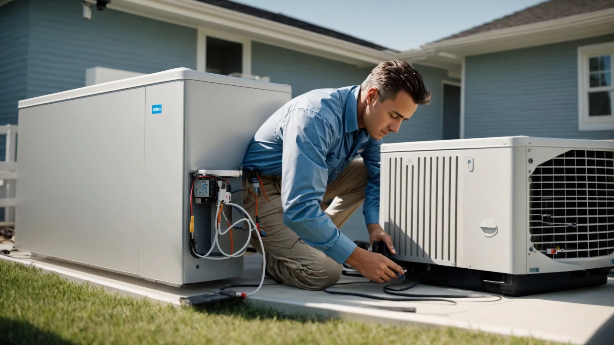 a technician is confidently installing a new, sleek hvac unit outside a modern home under a clear blue sky.