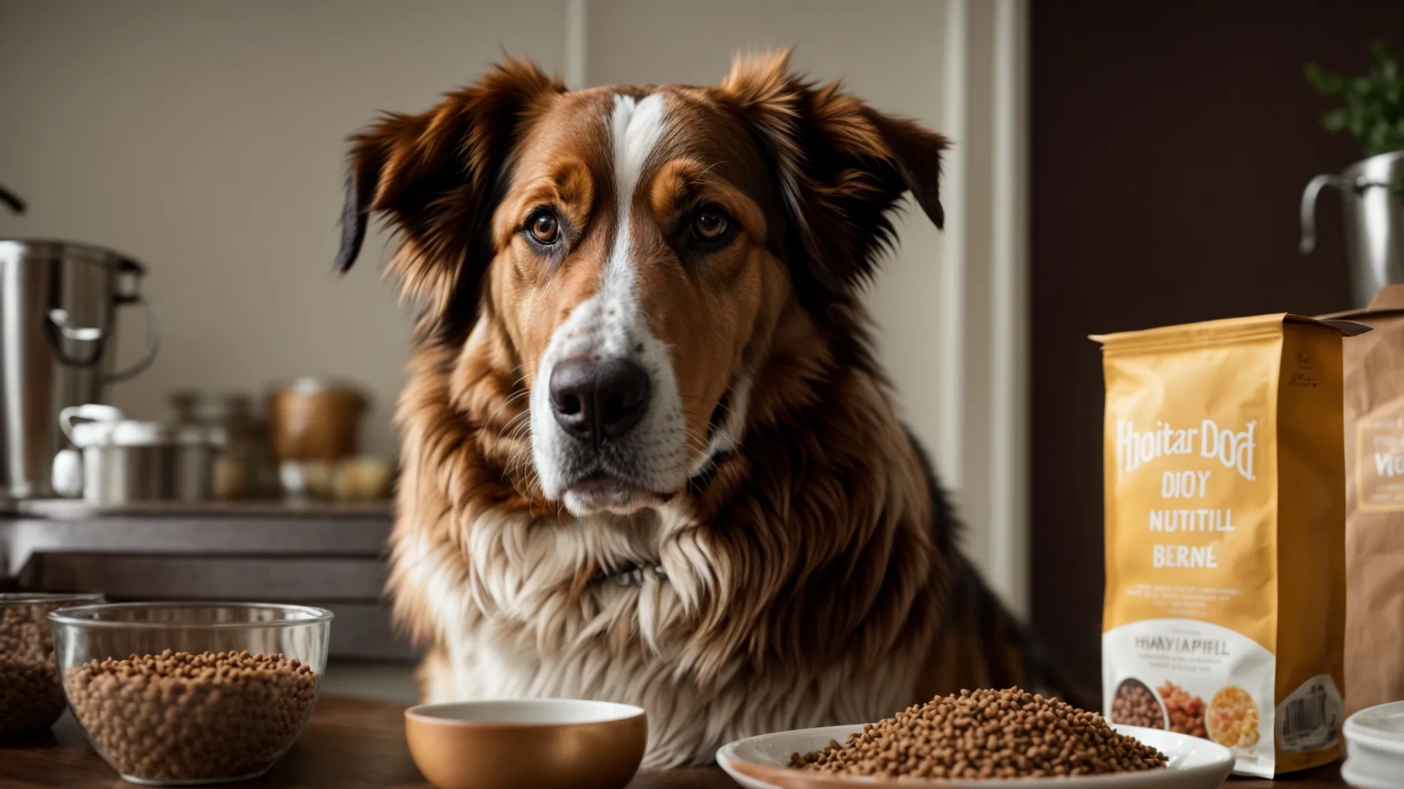 a happy dog sits beside a bowl of nutritious dog food.