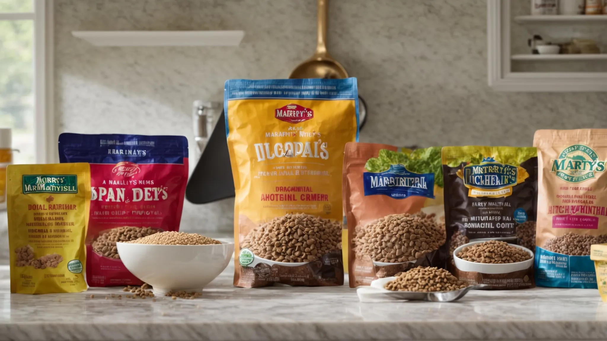 a variety of dog food brands are displayed on a kitchen counter, with a scoop resting atop a freshly opened bag of dr. marty's.