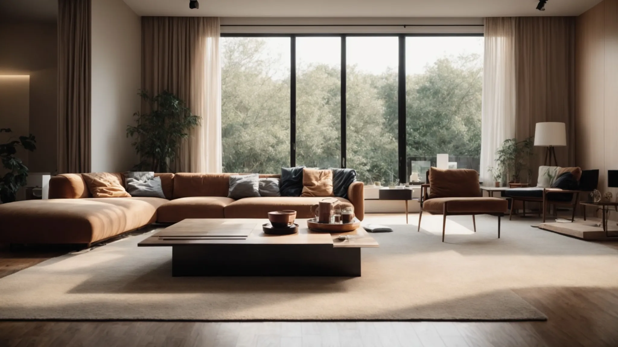 a living room with an empty space where a sofa and coffee table are about to be placed.