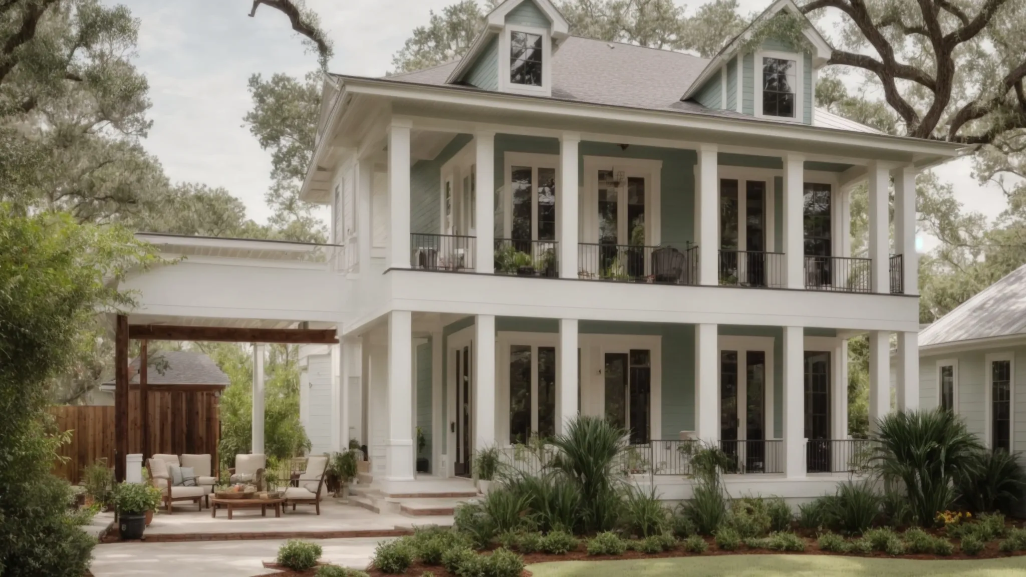 a renovated house in covington, la, showcasing the exterior transformation with a fresh paint job and landscaped garden, highlighting the craftsmanship of three rivers services.