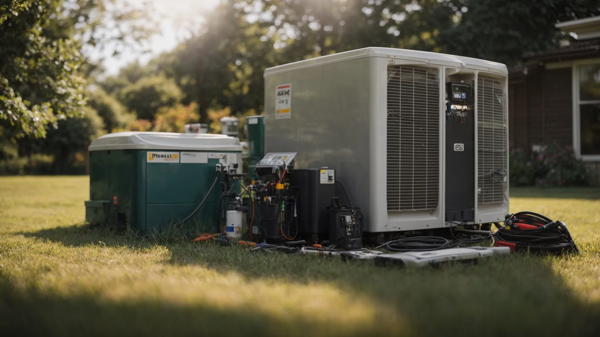 a technician is servicing a large outdoor air conditioning unit on a sunny day, with tools beside him on the grass.