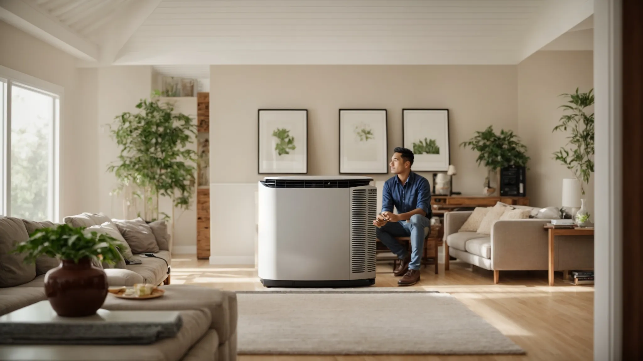 a homeowner discusses with a technician beside an open hvac unit in a bright living room.