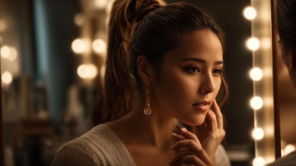 a woman applies a radiant facial serum in front of a mirror, glowing under soft, warm lighting.