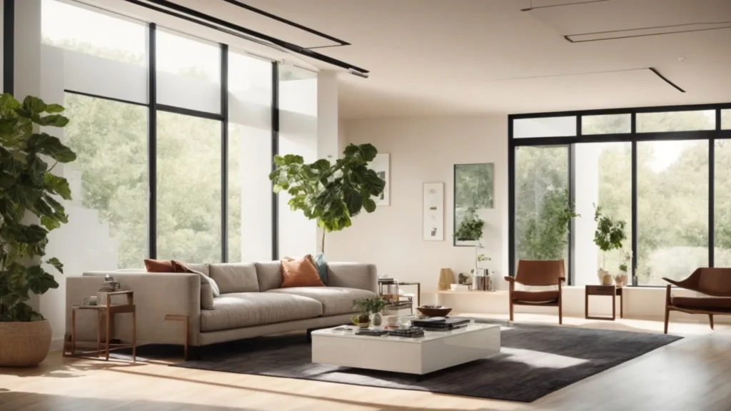 a living room with a sleek central air vent near the ceiling contrasts with another room showing a bulky window unit air conditioner.