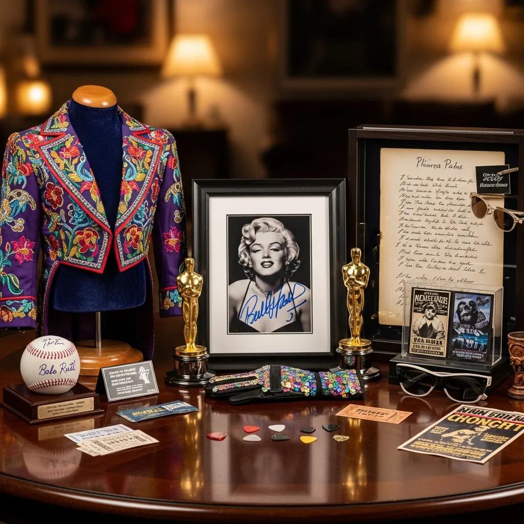 A collection of celebrity memorabilia including autographed photos and costumes, highlighting the allure of collectibles