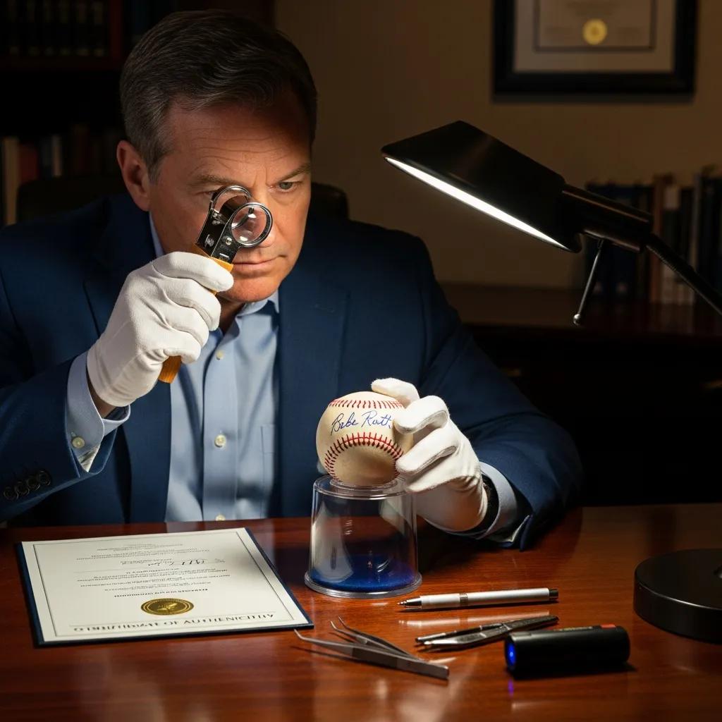 A professional authenticator examining a celebrity collectible with tools, emphasizing the verification process