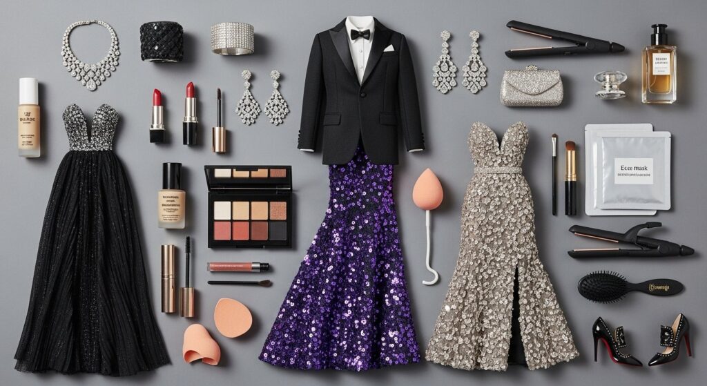 Illustration of celebrities getting red carpet ready with hair, makeup and jewelry — celebrity style feature