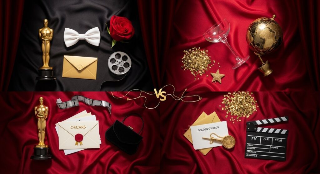 Illustration showing Oscars vs. Golden Globes red carpet celebrity style, jewelry, and beauty looks
